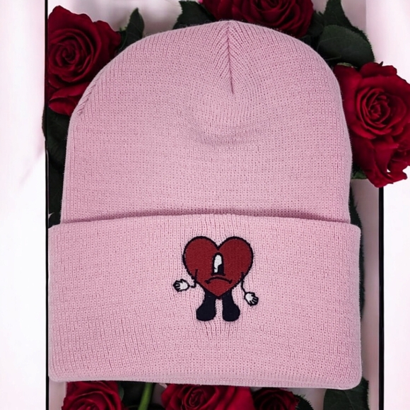 Embroidered Bad Bunny Heart in Pink or White Knit Beanie - Picture 4 of 6